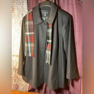 London Fog Black Pea Coat with Plaid Scarf
